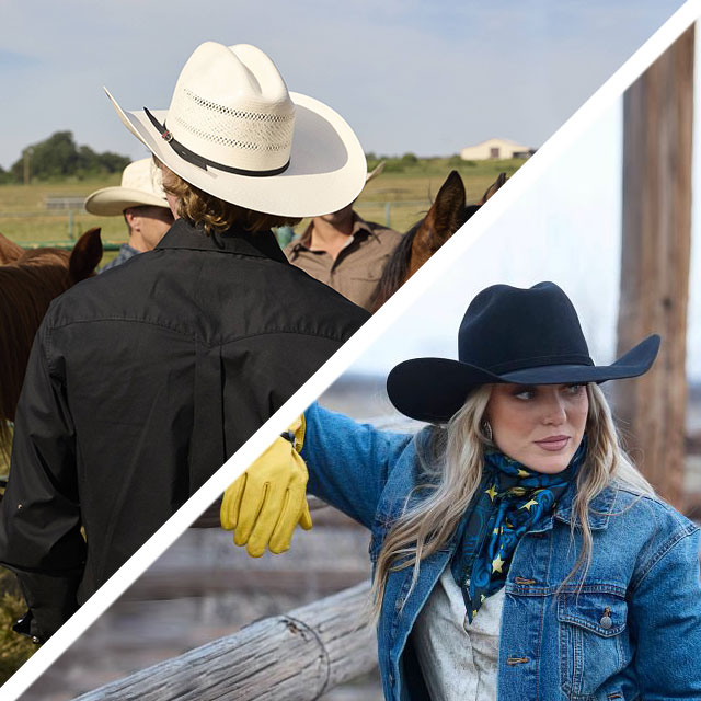 A photo montage of a an and a woman wearing cowboy hats.